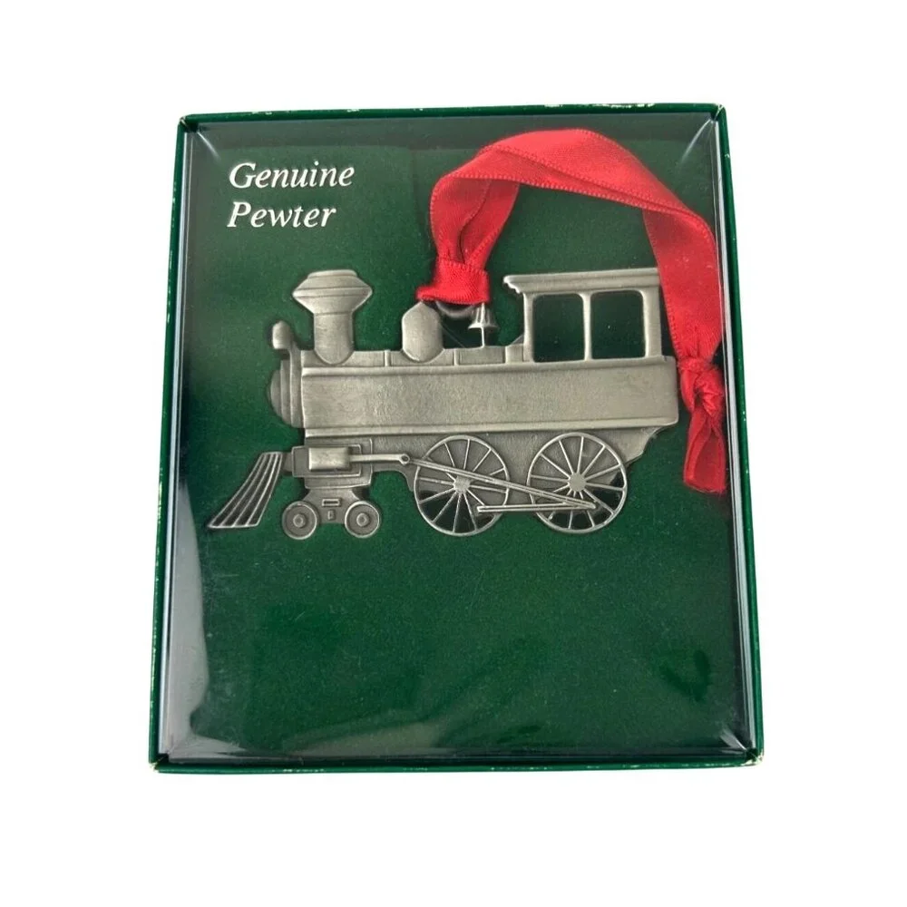 Genuine Pewter Train Christmas Ornament Holiday Tree Decor Red Ribbon VTG USA